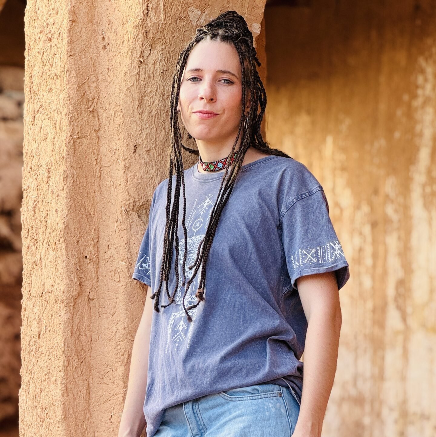 Black and light blue Moroccan heritage-inspired T-shirt with a distinctive cultural graphic design
