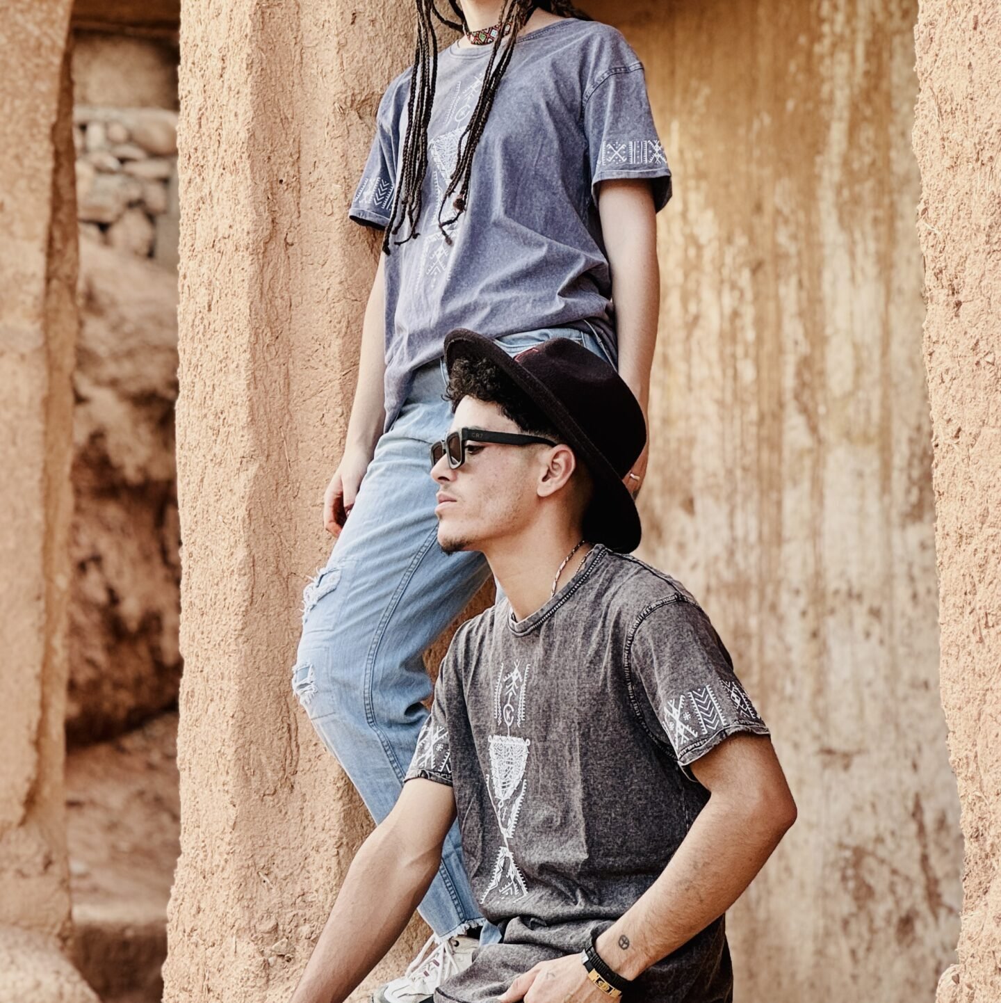Black and light blue Moroccan heritage-inspired T-shirt with a distinctive graphic design