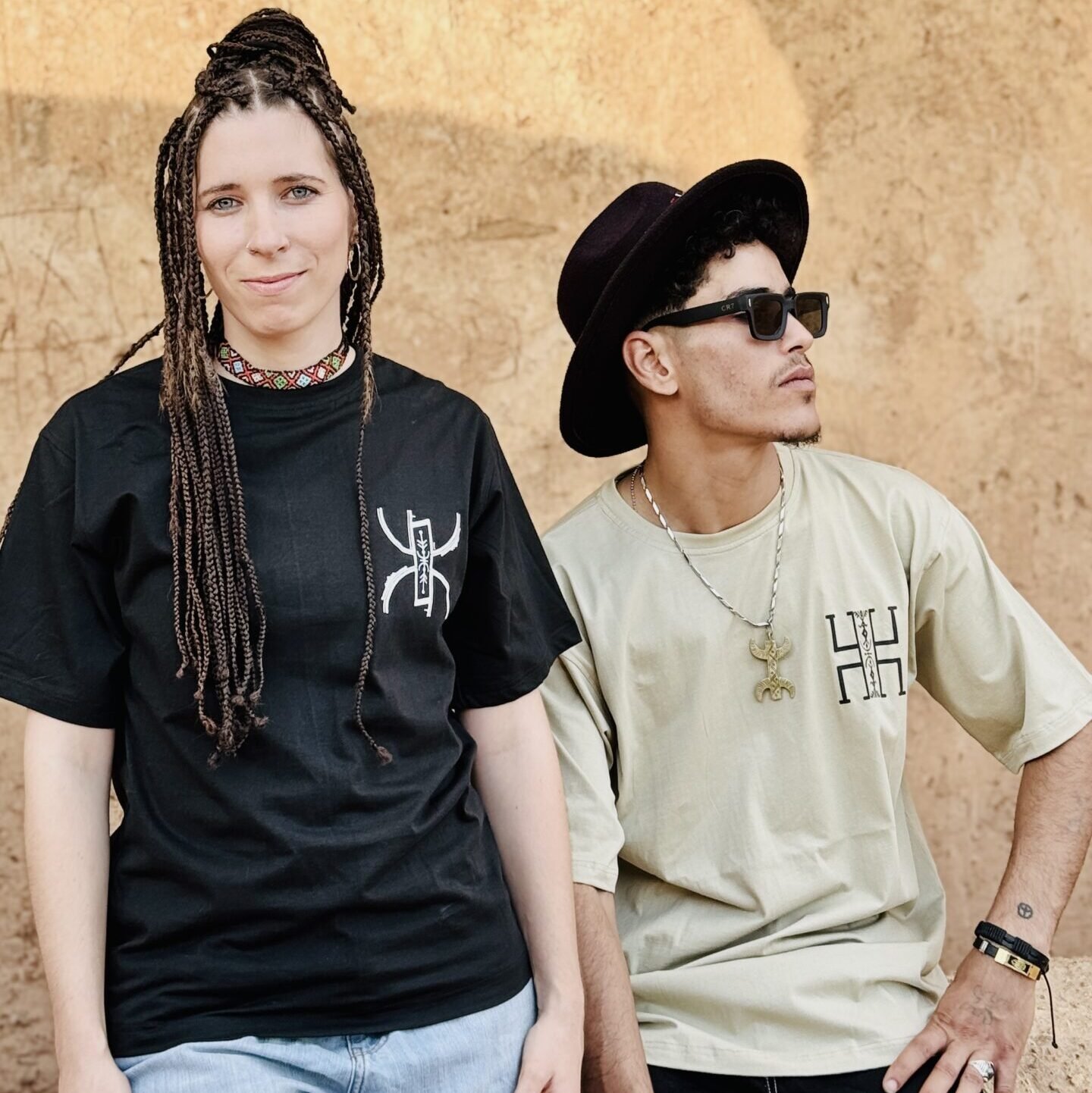 Black and beige Amazigh T-shirt featuring the ⵣ AZA symbol