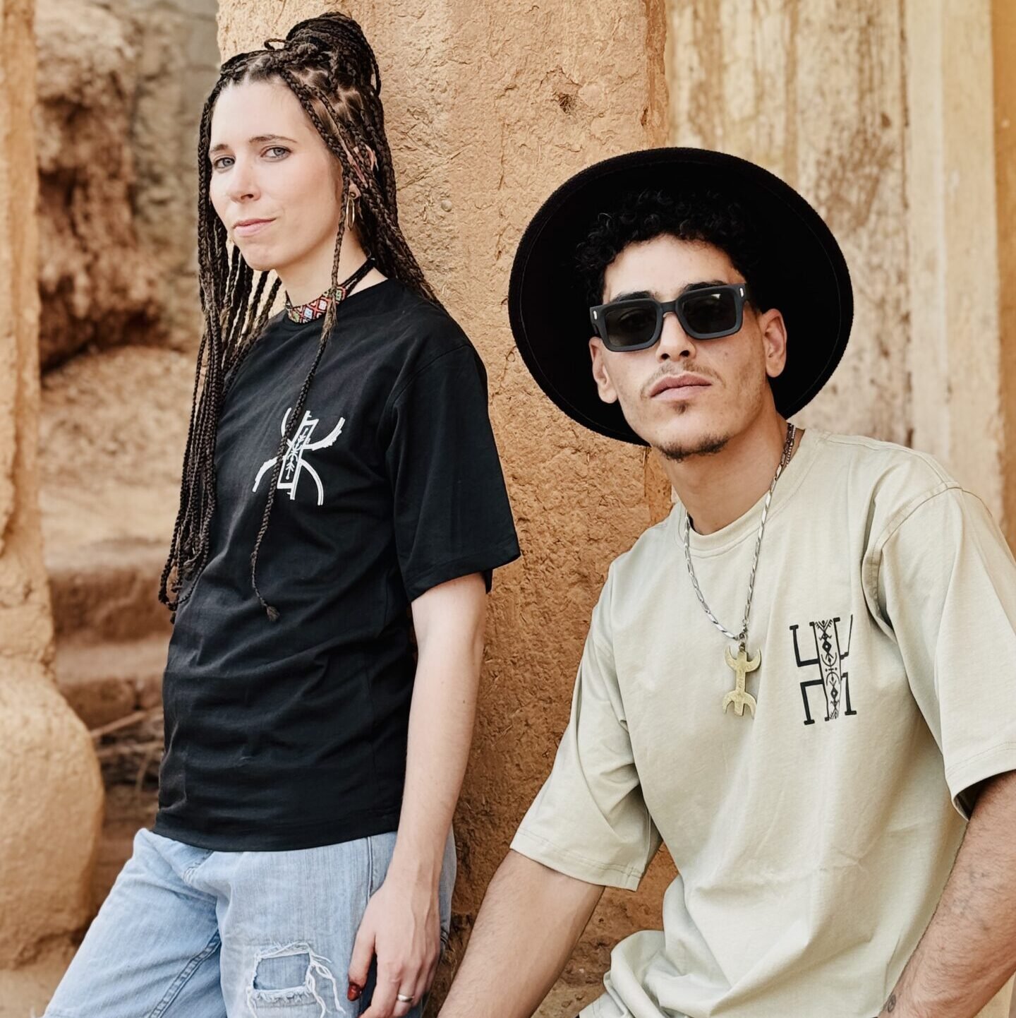 Black and beige Amazigh T-shirt with a distinctive geometric heritage-inspired design