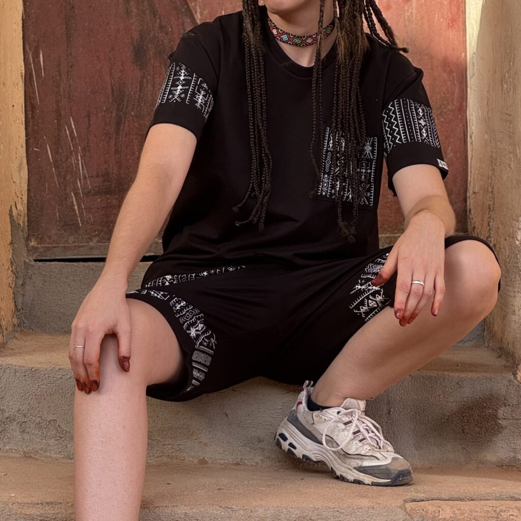 Moroccan Amazigh short and T-shirt set with colorful geometric embroidery and traditional motifs