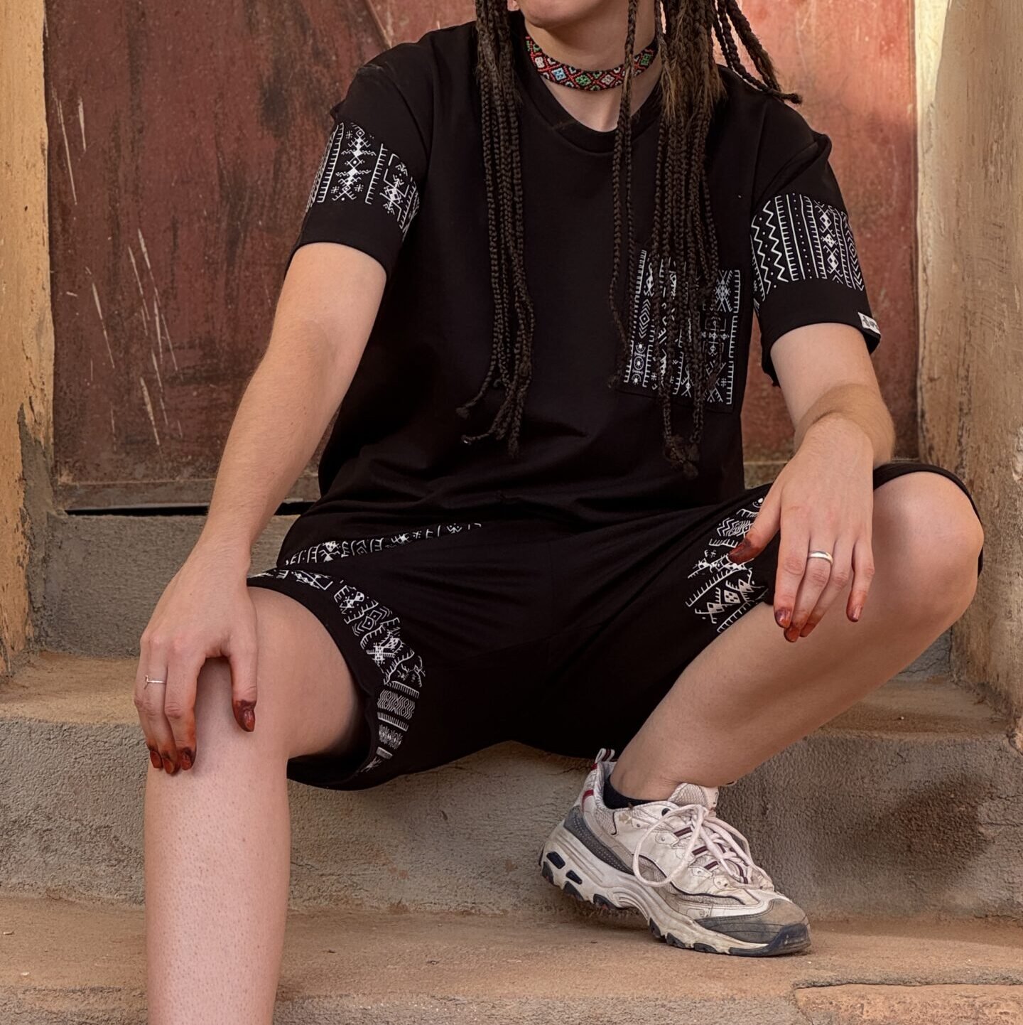 Moroccan Amazigh short and T-shirt set with colorful geometric embroidery and traditional motifs