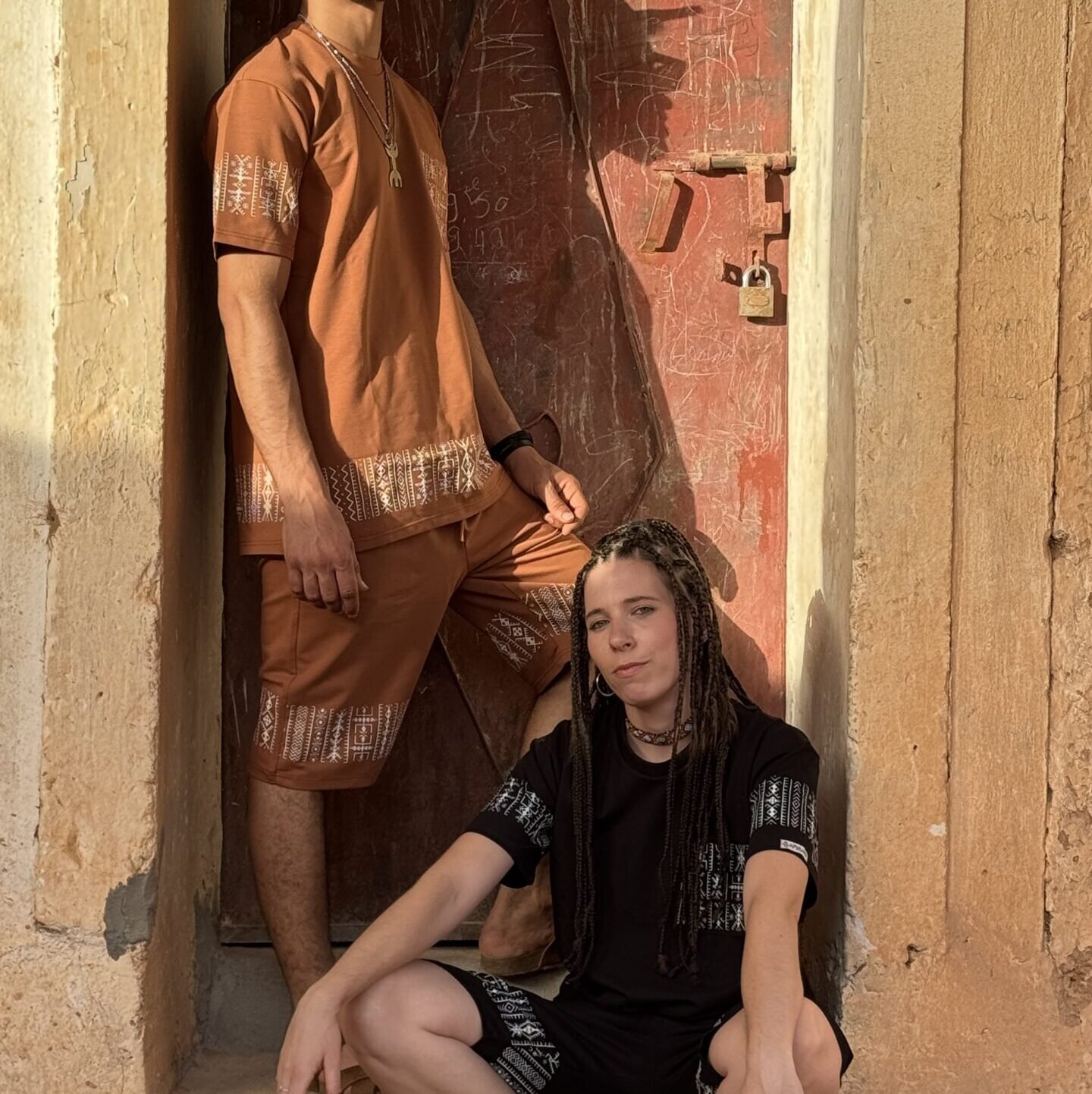 Black and terracotta Moroccan Amazigh short and T-shirt set with traditional geometric embroidery