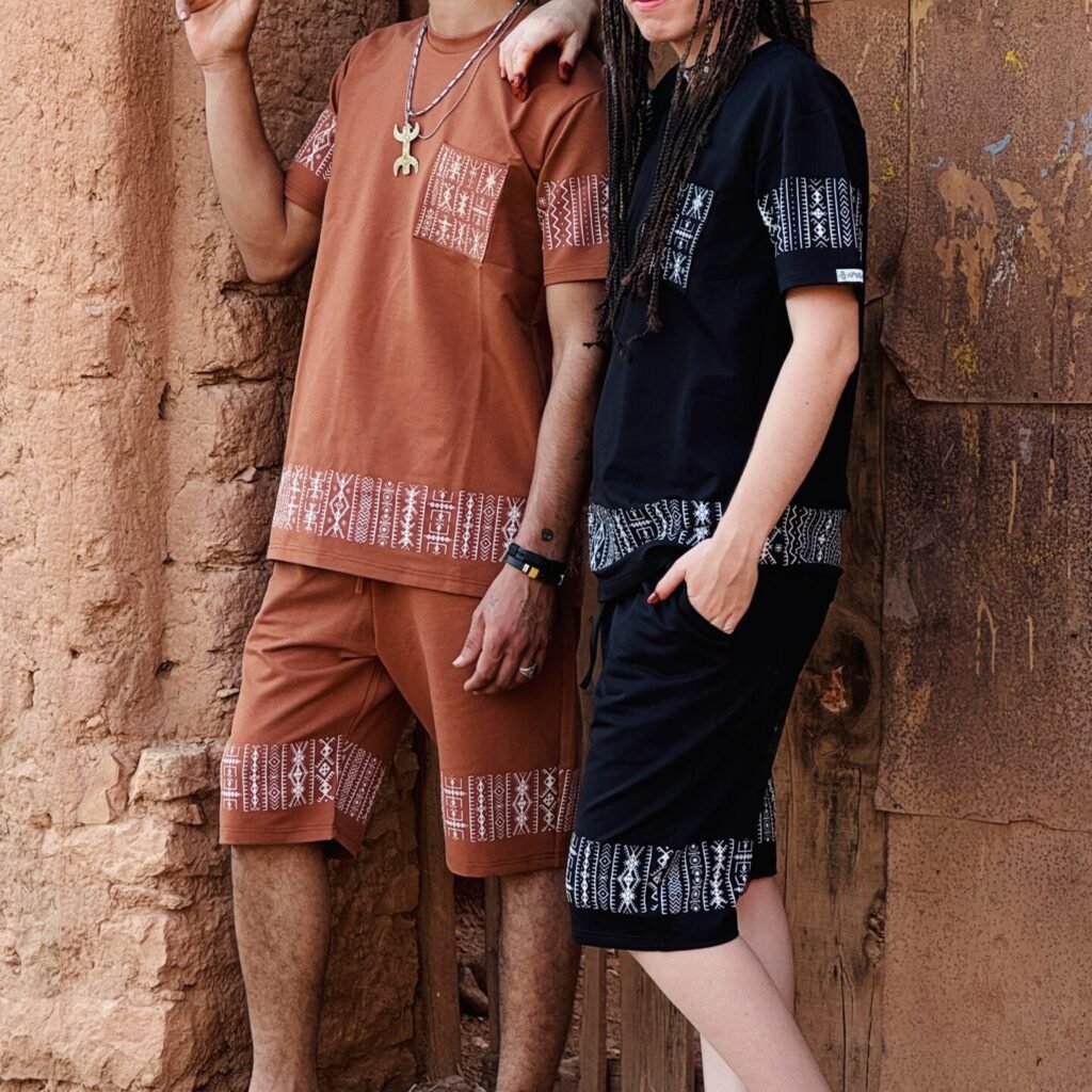 Black Moroccan Amazigh T-shirt and shorts set with white geometric embroidery and terracotta details
