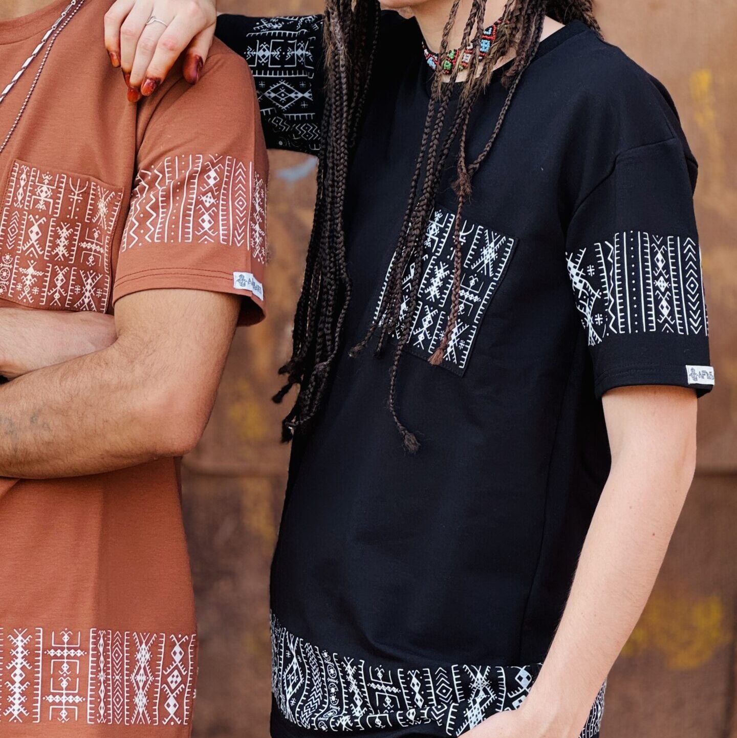 Black and terracotta Moroccan Amazigh two-piece outfit with geometric embroidery on T-shirt and shorts