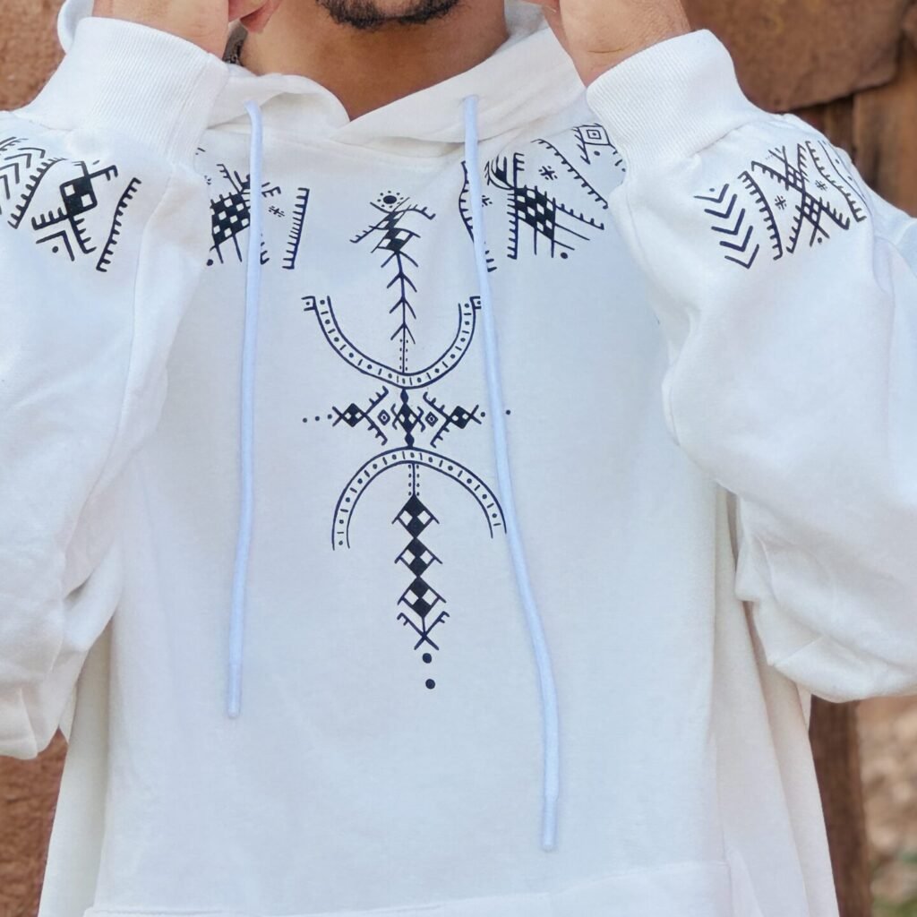 Close-up of black Amazigh geometric design on white fabric