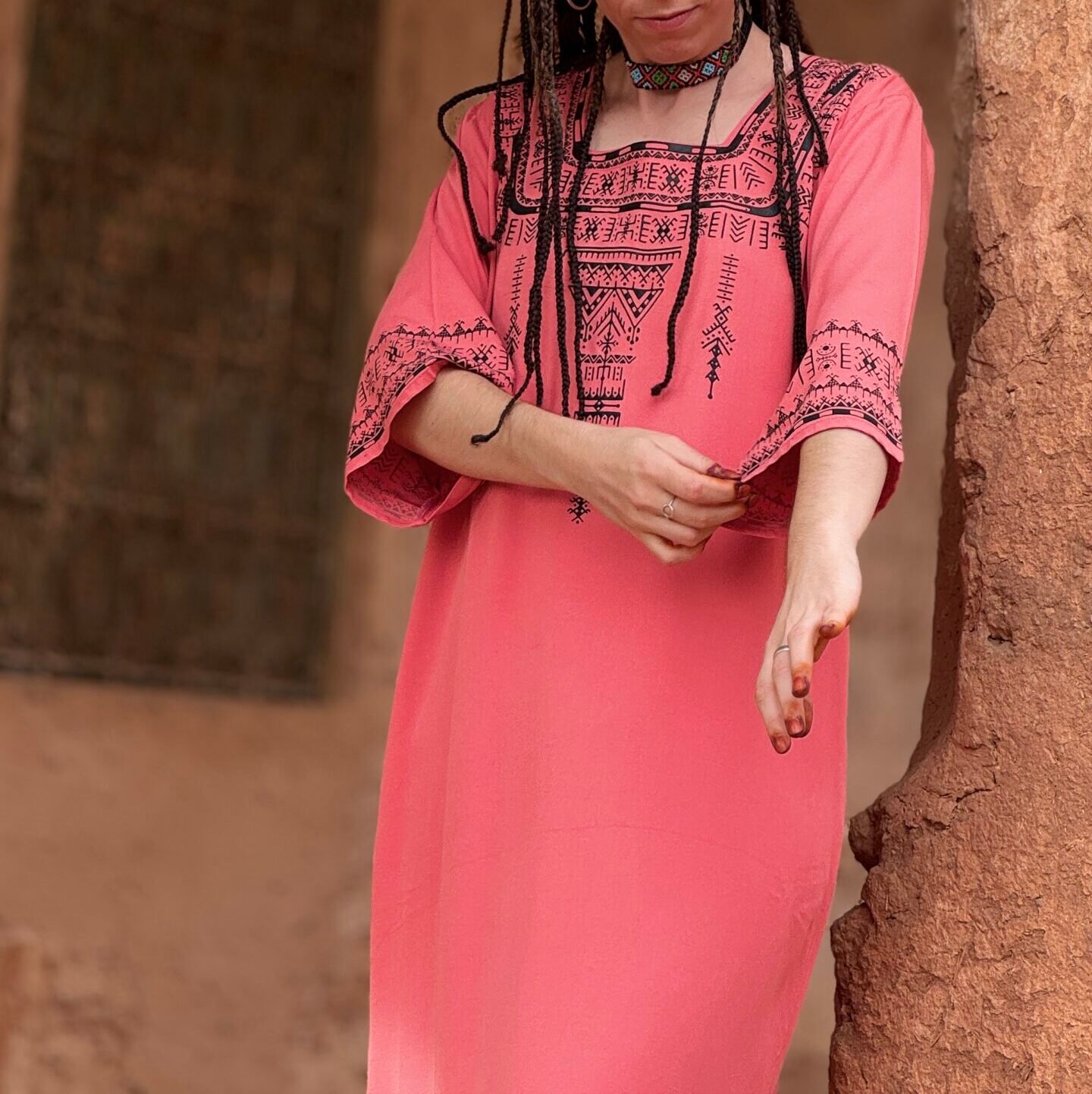 Pink Amazigh robe with traditional geometric design