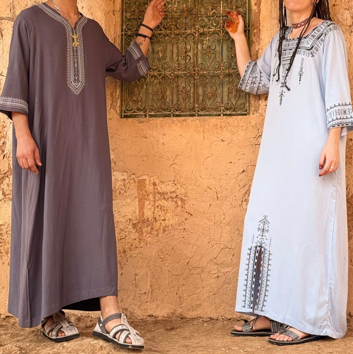 Brown Moroccan Amazigh dress with geometric embroidery and traditional design