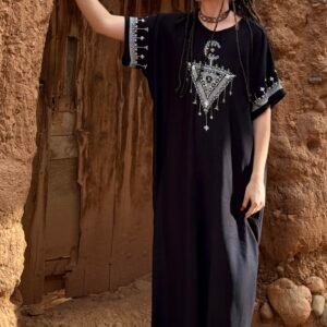 Black Moroccan Amazigh dress with Tasghonst symbol and silver geometric embroidery
