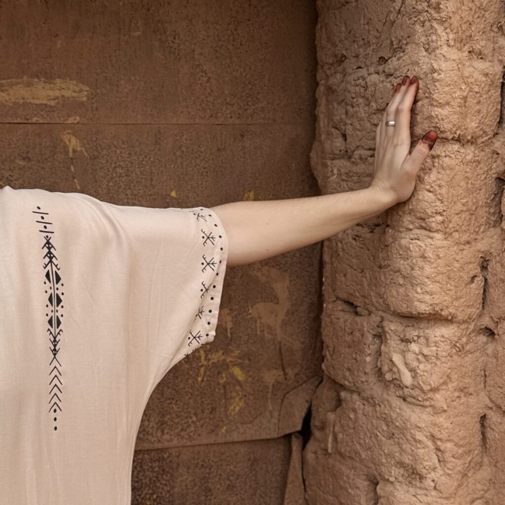 Cream Moroccan Amazigh dress with black geometric embroidery and traditional motifs