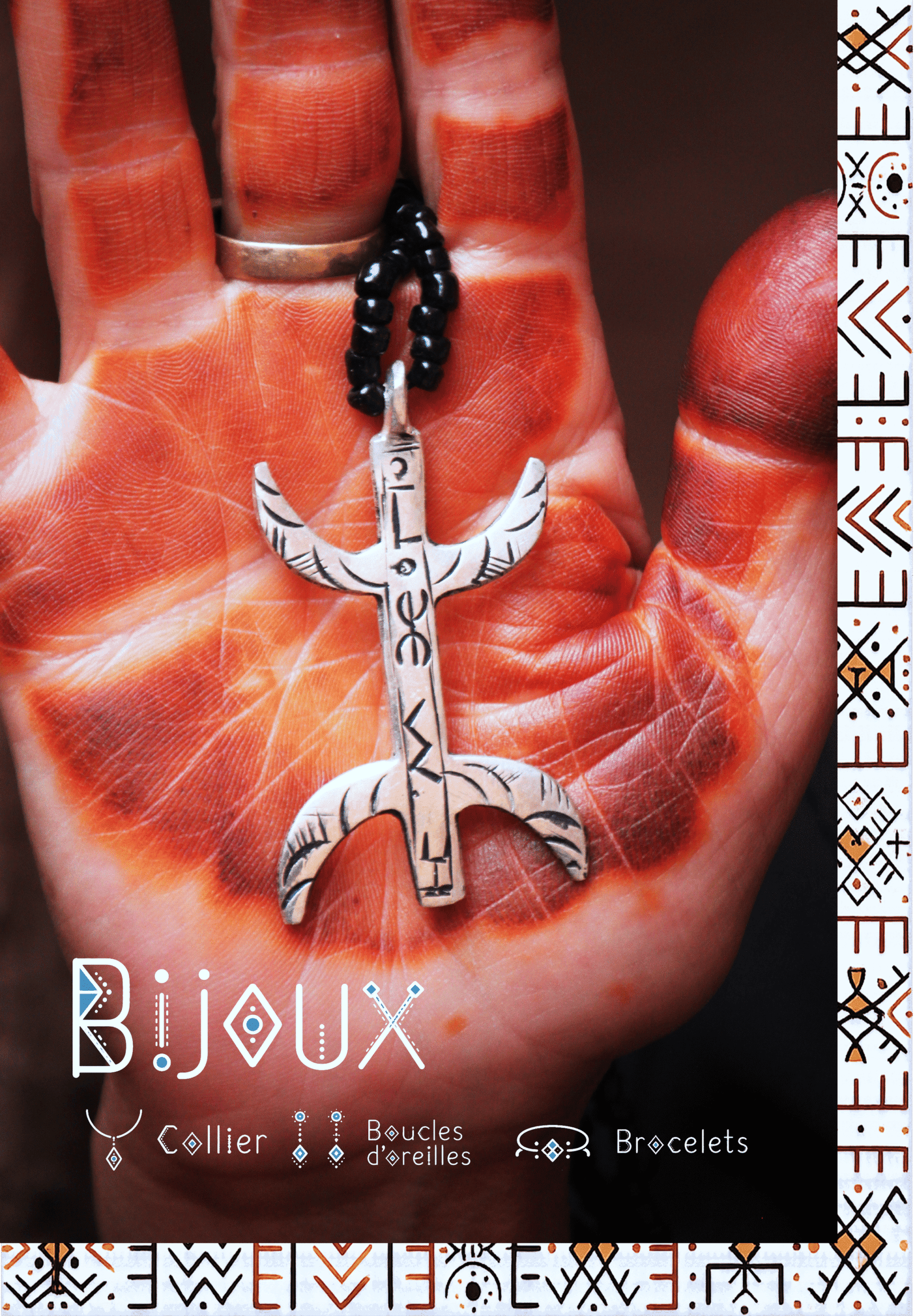 Amazigh AZA pendant symbolizing the free man with black beaded necklace