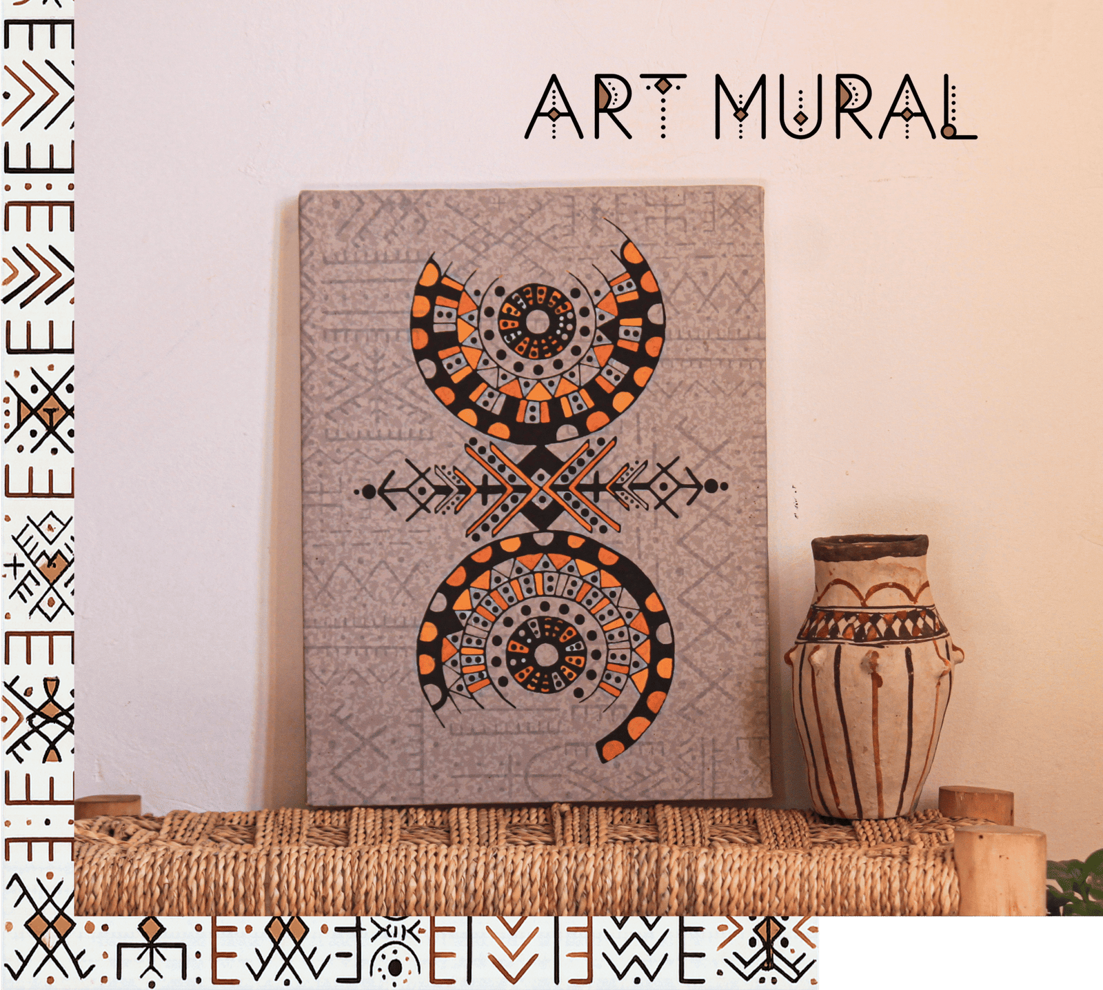 Moroccan mural art featuring colorful Amazigh-inspired geometric symbols and patterns