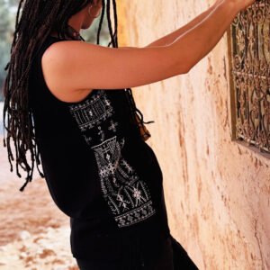 Black sleeveless top with colorful Amazigh geometric design on the front
