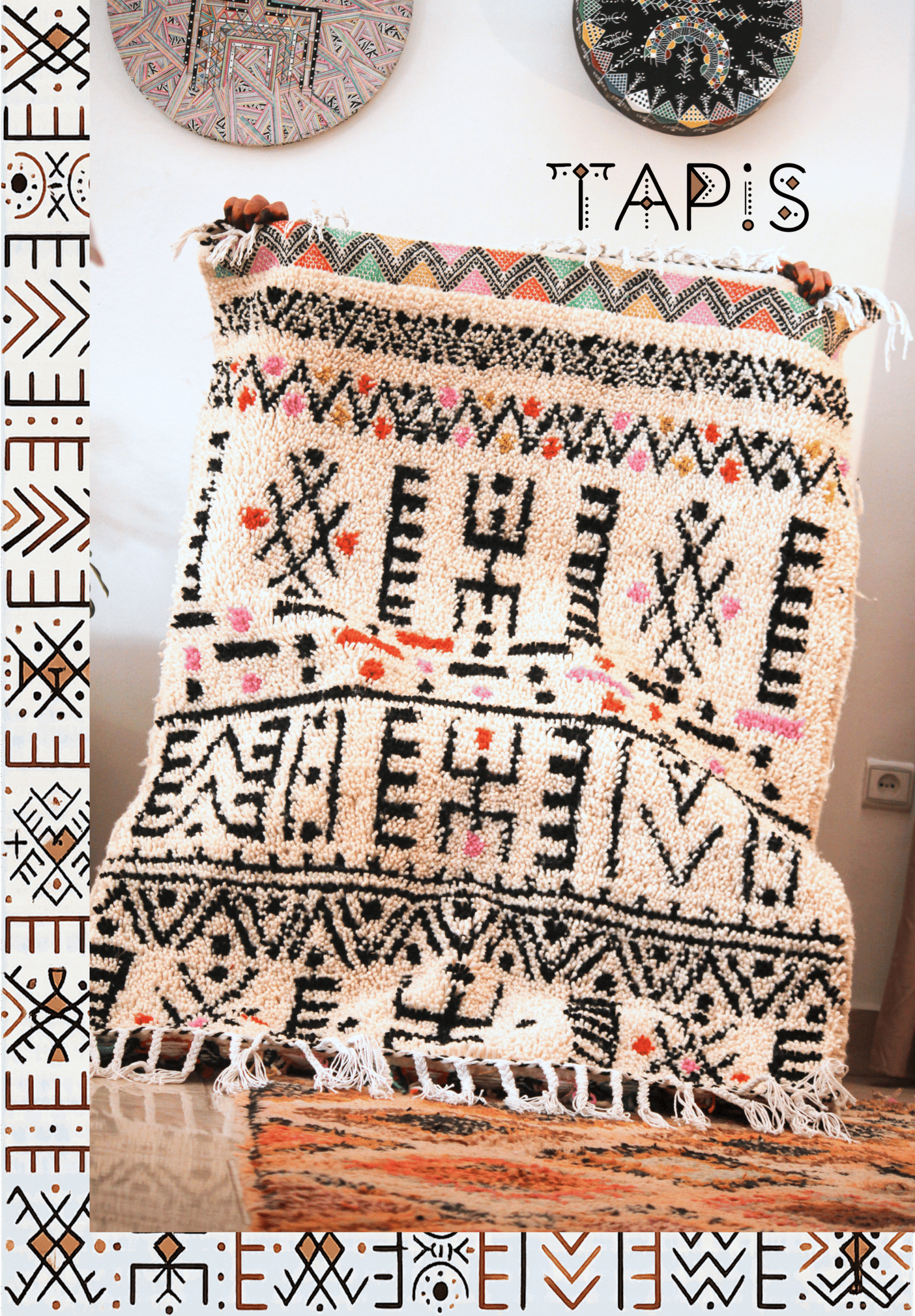 Traditional Amazigh rug with geometric symbols, colorful motifs, and handmade fringe