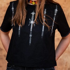 Black Amazigh top featuring white geometric decorative motifs on the front, shoulders, and sleeves